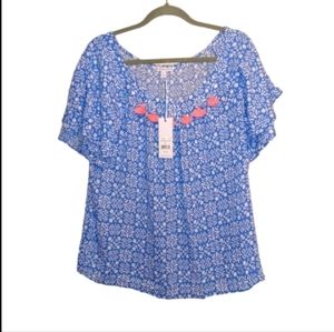 New SOUTHERN TIDE 100% Rayon Women's Large Blue/Coral Pink Pom Flowy Shirt NWT